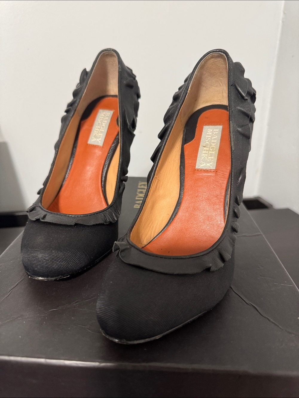 Badgley Mischka Black Satin Ruffle-Edge Pumps